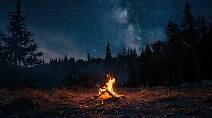a small campfire flickering in front of the dark abyss of a pine forest, under a starry night sky.