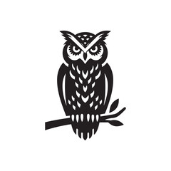 Night's Guardian: Black Vector Owl Silhouette - Capturing the Mystery and Majesty of Nature's Nocturnal Hunter. Minimalist Owl illustration.