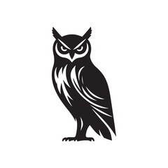 Night's Guardian: Black Vector Owl Silhouette - Capturing the Mystery and Majesty of Nature's Nocturnal Hunter. Minimalist Owl illustration.