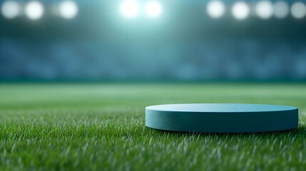 Close up of an empty round blue Platform on a green Pitch. Blurred Sports Background