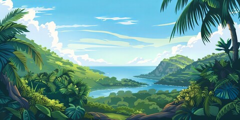 hawaiian landscape with greenery, mountains, ocean and palm trees