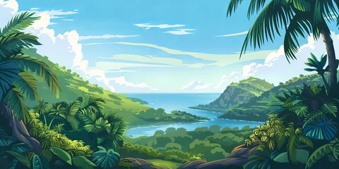 Crédence de cuisine en verre imprimé Vert bleu hawaiian landscape with greenery, mountains, ocean and palm trees