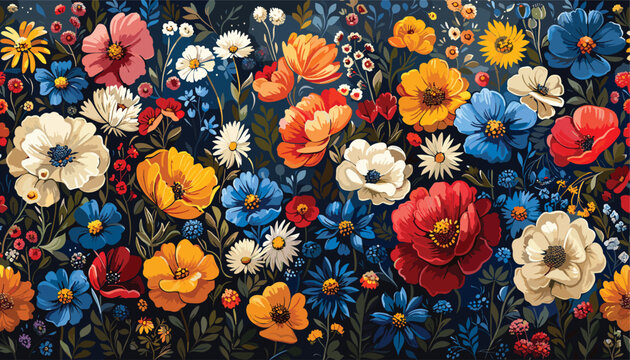 Folk Art Bouquets, folk art, floral bouquets, traditional patterns, vector illustration background