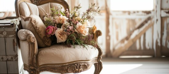 Vintage wooden chair adorned with a beautiful bouquet of colorful flowers on the seat