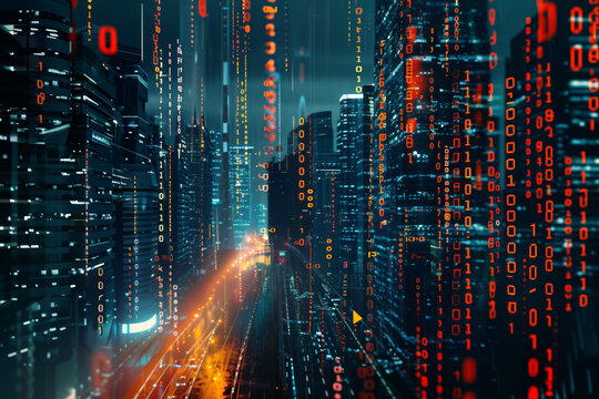 Abstract binary code data streams across cityscape, digital world concept