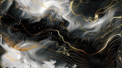 a painting featuring gold lines and iridescence, reminiscent of intricate black and white illustrations, with flowing lines and detailed skies. SEAMLESS PATTERN