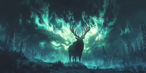 sihouette of an elk with the northern lights