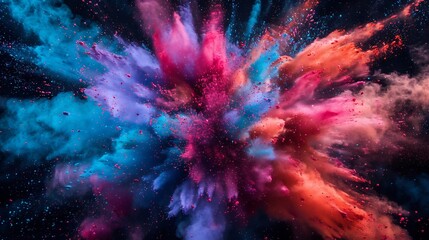 An explosive burst of vibrant colored powders swirling and colliding in a chaotic yet mesmerizing display, with hues of the rainbow blending seamlessly against a dark background