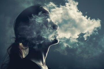 Conceptual image of a woman with thoughts clouding her mind