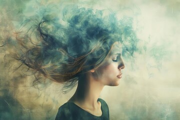 Conceptual image of a woman with thoughts clouding her mind - obrazy, fototapety, plakaty