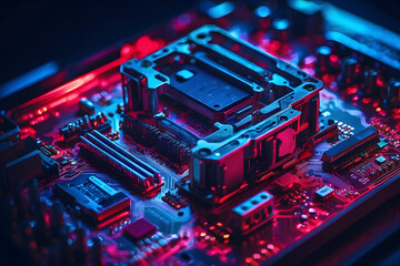 A close-up of a computer motherboard with red and blue lights, and computer graphics design. - obrazy, fototapety, plakaty