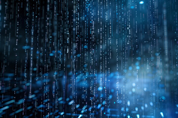 Rain of binary code over a bokeh light background, symbolizing data processing