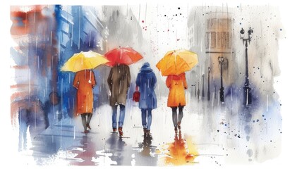 People with bright umbrellas walk through the city in the rain in this expressive watercolor, capturing the urban atmosphere and the beauty of a wet day