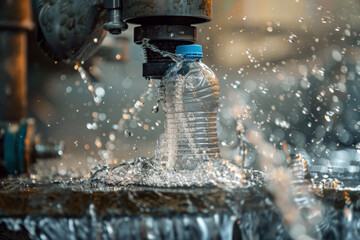 A close-up of a plastic bottle being crushed by a machine