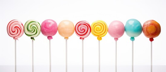 A close-up view of a row of colorful lollipops in various flavors and shades arranged neatly on top of each other. The lollipops are vibrant and eye-catching, standing out against a clean white