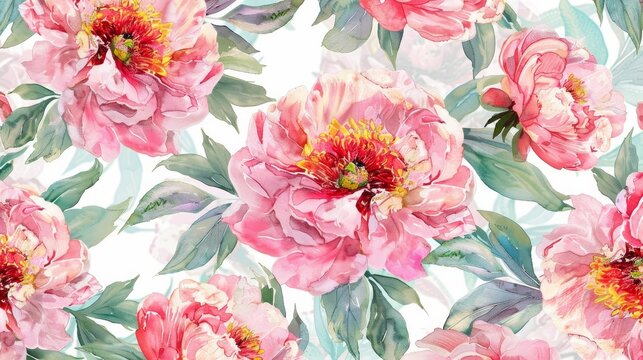 A seamless pattern showcasing peony flowers painted in watercolor, ideal for wallpaper, fabric design, wrapping paper, surface textures, and digital paper applications