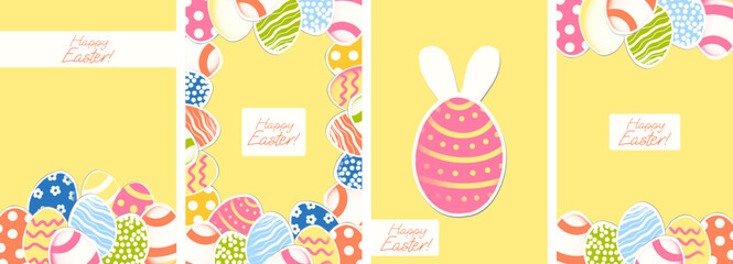 Happy Easter modern retro art collage vertical posters set. Trendy greeting cards with cut out of paper Easter eggs with dotted texture and copy space for text. Vector illustration