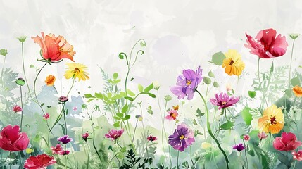 An illustrated watercolor depiction of flowers, manually composed, representing the seasons of spring and summer