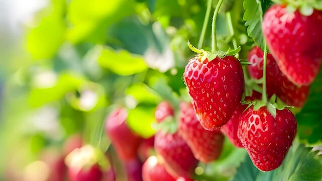 A lot of strawberries on the branches in the greenhouse. Selective focus. Nature.
