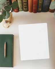 8x10 mockup on desktop flat lay, with books and pen, library and study feel