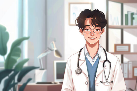 Cheerful doctor in well-lit room, exuding professionalism and warmth. Ideal for medical websites, healthcare advertisements, or doctor profiles.