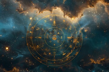 An intricate astrology illustration with zodiac signs and symbols set against a starry galaxy background - obrazy, fototapety, plakaty