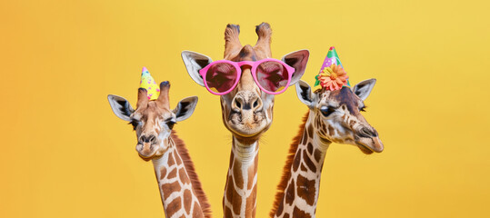 Creative, innovative Animal Design. Giraffe and group of animals in Chic High-End Fashion, Isolated on a Bright Background for Advertising, with Space for Text. Birthday Party Invitation Banner