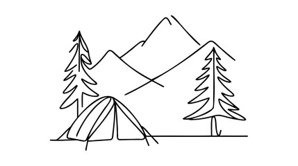 Single continuous line drawing family adventure camping evening scene.