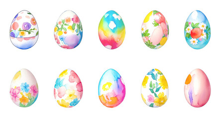 Fototapeta na wymiar Set Of Watercolor Easter Eggs Isolated On White Background. Happy Easter. Collection Of Different Painted Easter Eggs