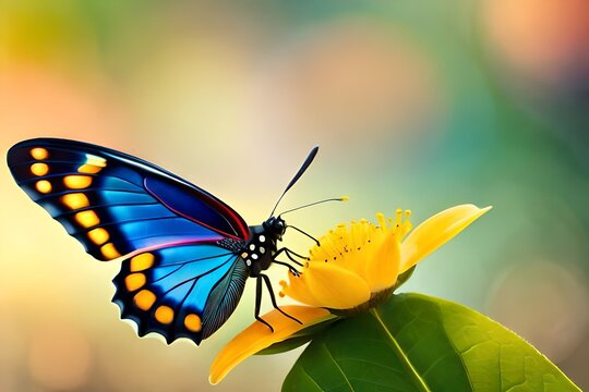 butterfly on a flower, blurred background, macro photography created with generative ai technology