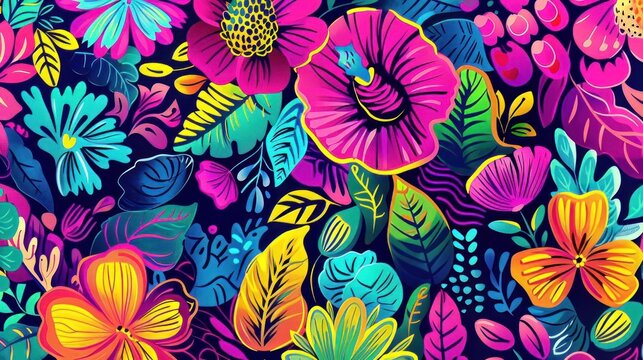 A vibrant and psychedelic seamless pattern featuring bright and colorful floral and plant elements, designed in a funky style