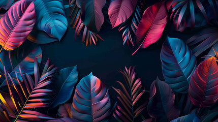 Modern layout with tropical colorful leaves in the dark background, copy space