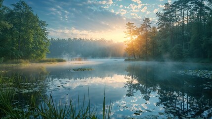 Fototapeta premium Misty Dawn by the Lakeside