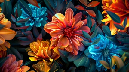 Set of colorful abstract flower arrangements showcased against a dark-colored background - obrazy, fototapety, plakaty