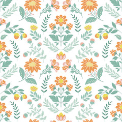 Seamless pattern with folk art design elements. Folk vector illustration with hares and Easter eggs on a white background. Scandinavian traditional motif