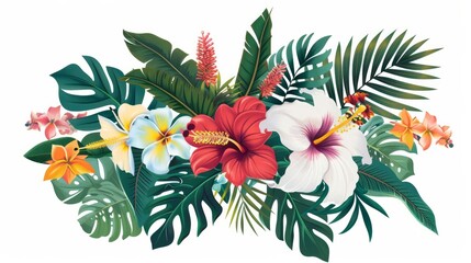 Exotic tropical flowers including orchids, strelitzias, hibiscus, proteas, anthuriums, palms, and...