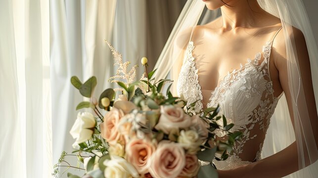 a bride in a white wedding dress, captured in a close-up image, with a delicate bouquet of flowers, standing by the window on her special day.