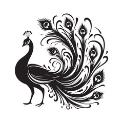 Night's Majesty: Black Vector Peacock Silhouette - Capturing the Elegance and Splendor of Nature's Enigmatic Avian Display. Minimalist Peacock illustration.
