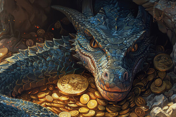 A dragon coiled around a treasure hoard. Gold coins, jewels, and ancient artifacts catch the light.