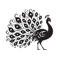 Night's Majesty: Black Vector Peacock Silhouette - Capturing the Elegance and Splendor of Nature's Enigmatic Avian Display. Minimalist Peacock illustration.