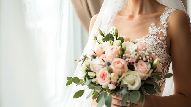 a bride in a white wedding dress, captured in a close-up image, with a delicate bouquet of flowers, standing by the window on her special day.