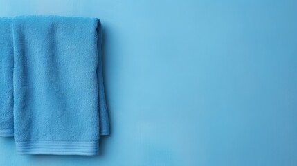 Blue cotton towels on a blue background. Bathroom decor and accessories.