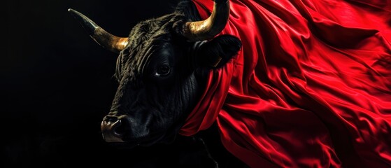 Black bull in red cloth on black background. Portrait of a bull. Bullfight Concept. Encierro. San...