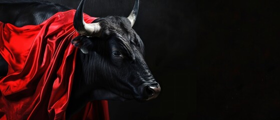 Bull with red cape on black background. Horizontal banner with copy space. Bullfight Concept....
