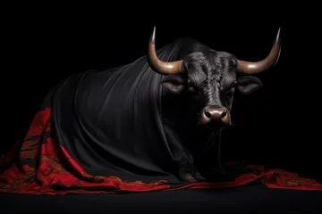 Muurstickers Black cow with red cloth on black background, low key. Bullfight Concept. Encierro. San Fermin concept with Copy Space. © John Martin