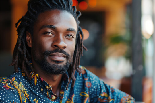 stylish and handsome african man in his 30s with well kept dreadlocks black hair, with a warm personality. Wearing a sophisticated, modest outfit with a hint of color. His face is kind and welcoming