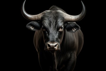 Portrait of a black bull with horns on a black background. Bullfight Concept. Encierro. San Fermin concept with Copy Space.