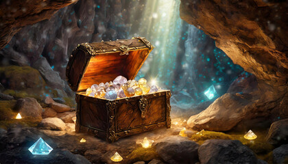 In a fairy tale land, a chest full of shining jewels in a mysterious cave
 - obrazy, fototapety, plakaty
