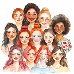 Group of diverse young women. smiling together. positive watercolor illustration on white background. generative ai