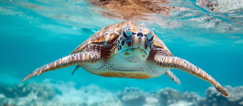 Graceful Turtle Swimming In The Vast Ocean With Its Head Above Water, Peaceful Marine Life Concept